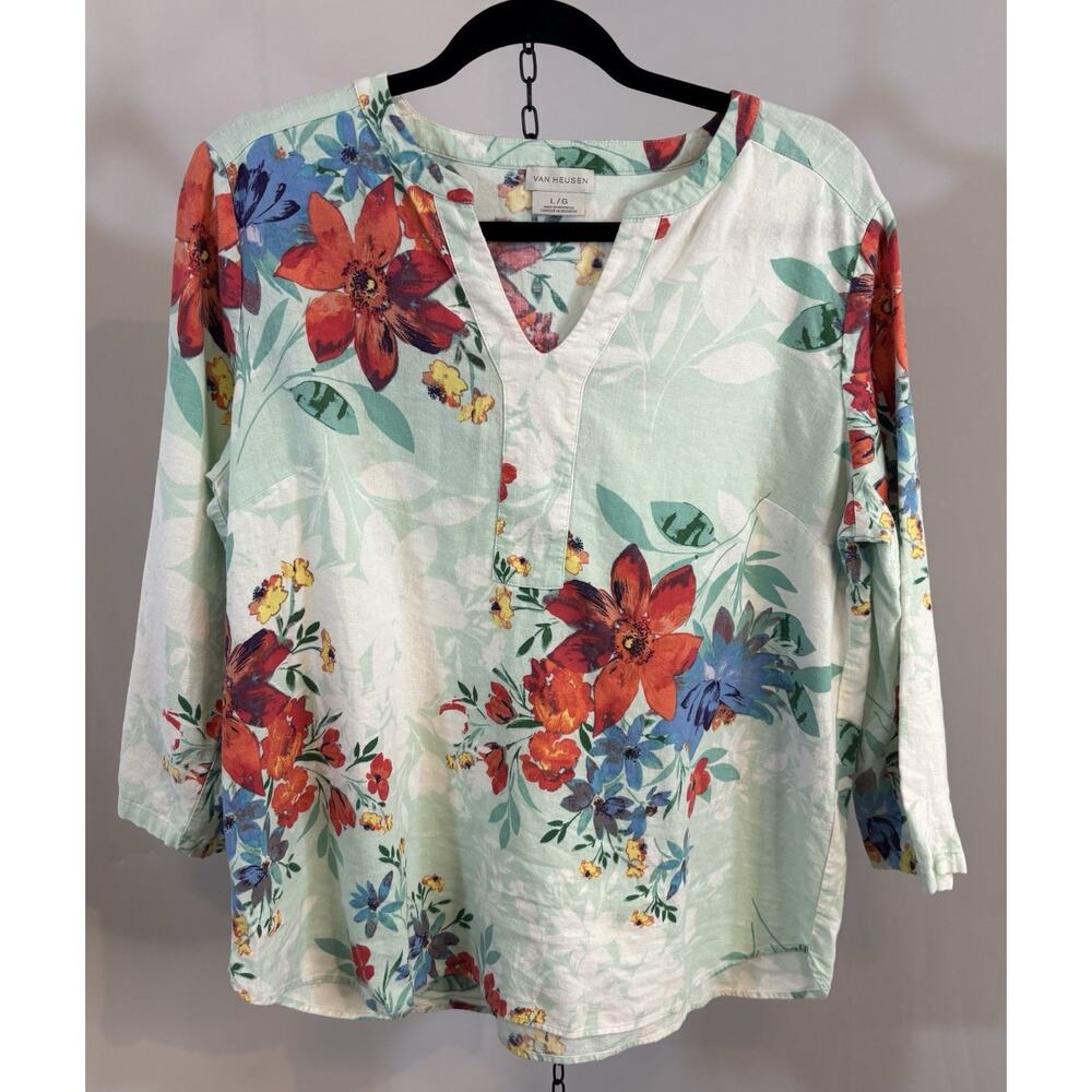 🔥SALE🔥 Van Heusen Womens Linen Blend Floral Tunic 3/4 Sleeve Large Boho Spring